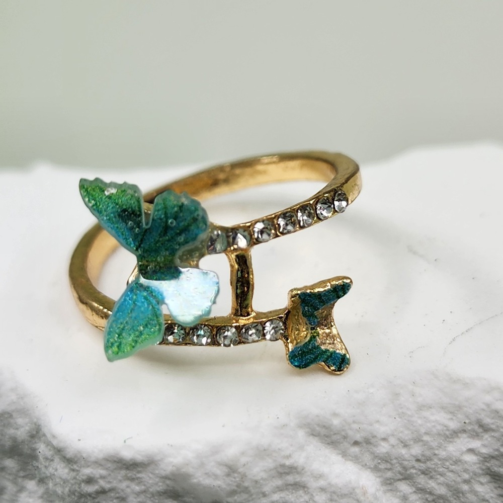 Gold Tone Blue Green Butterfly Rhinestone Wrap Ring Nature Statement Jewelry